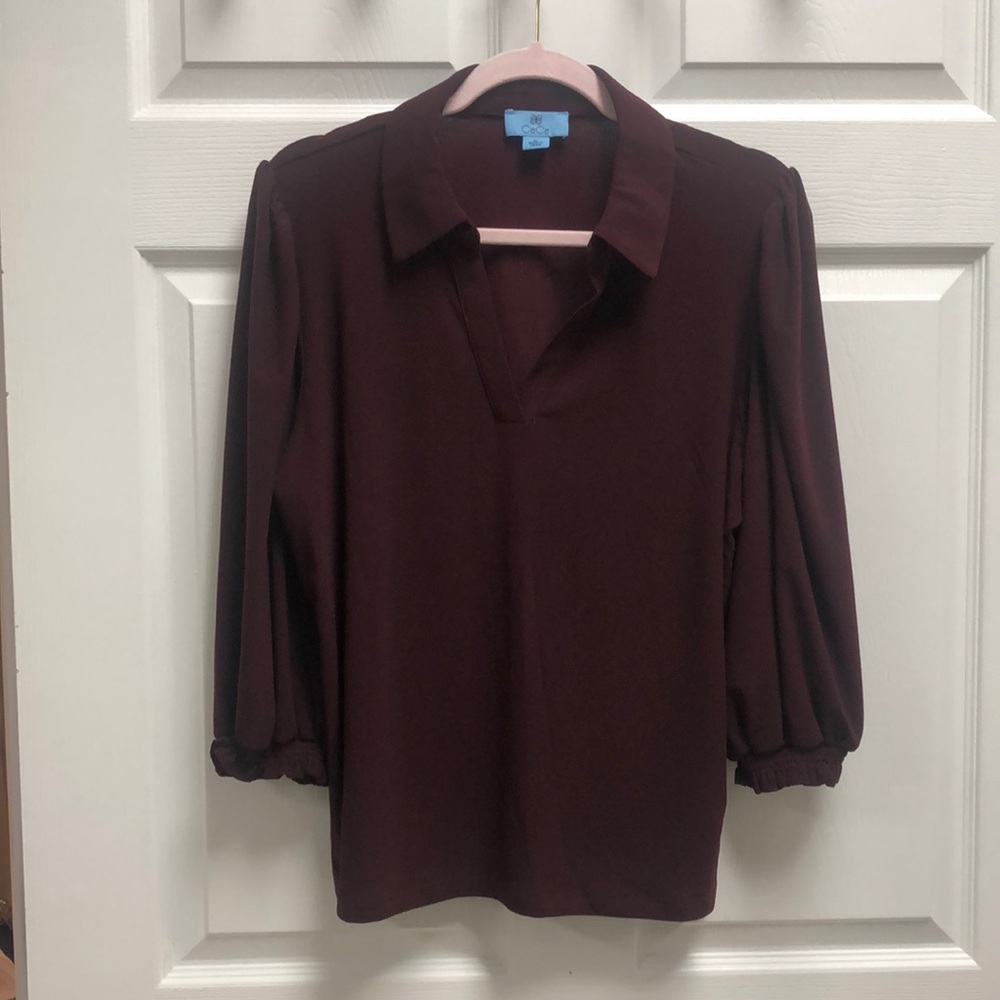 CeCe Deep Maroon V-Neck Blouse